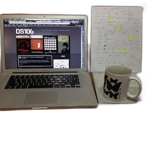 laptop, displaying, ds106, website, sits, desk, next, mug transparent PNG cut-out