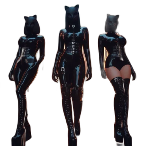 3d render, concept art, cyberpunk, comic book art, dark, three, women, wearing transparent PNG cut-out