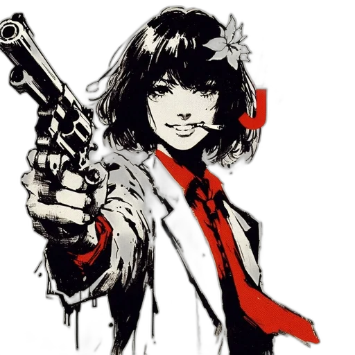 weapon, jacket, comic book art, concept art, cartoon, anime, red, illustrated transparent PNG cut-out