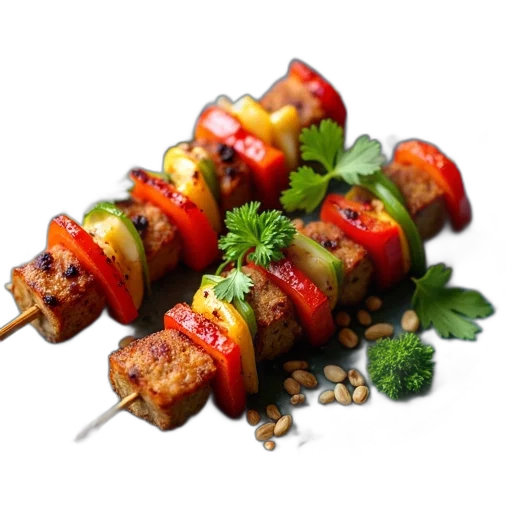 food, 3d render, photorealistic, plate, skewered, meat, variety, vegetables transparent PNG cut-out