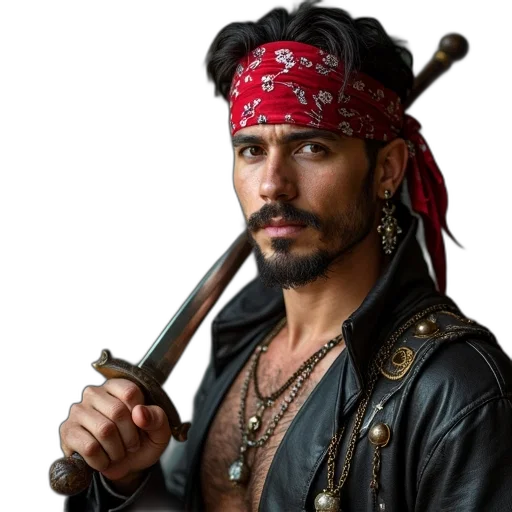 staff, sword, weapon, photorealistic, man, dressed, pirate, bandana transparent PNG cut-out