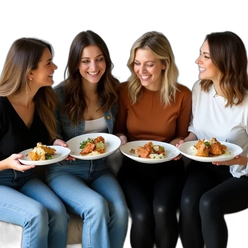 food, group, four, women, sitting, couch, each, holding transparent PNG cut-out
