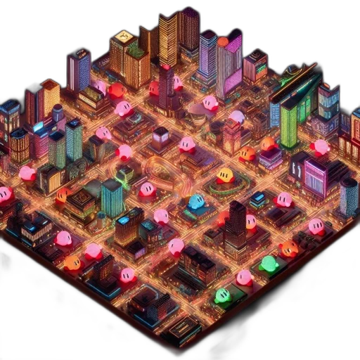building, cyberpunk, pixel art, concept art, 3d render, city street, neon lights, neon transparent PNG cut-out