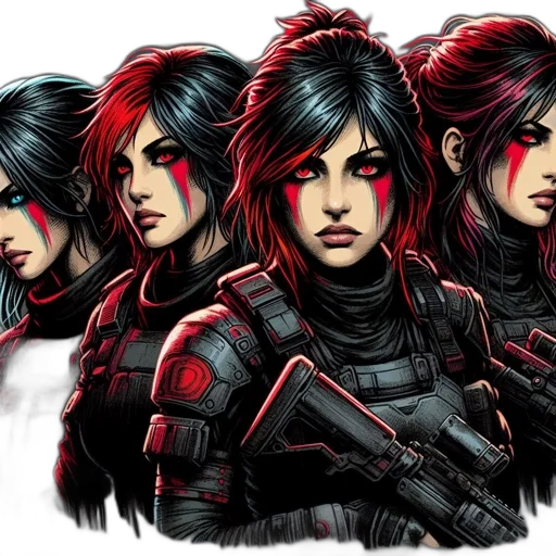 concept art, comic book art, cyberpunk, pixel art, red, four, distinct, female transparent PNG cut-out