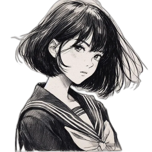 face, jacket, dress, hair, anime, pencil sketch, concept art, cartoon transparent PNG cut-out