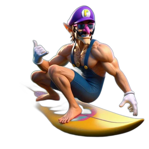 concept art, 3d render, vaporwave, pixel art, digitally, rendered, wario, surfs transparent PNG cut-out