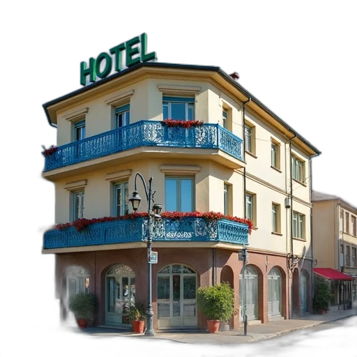 building, 3d render, photorealistic, concept art, three-story, green, hotel, sign transparent PNG cut-out