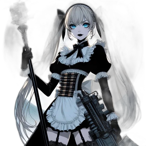 weapon, staff, dress, anime, concept art, fantasy art, pixel art, monochrome transparent PNG cut-out