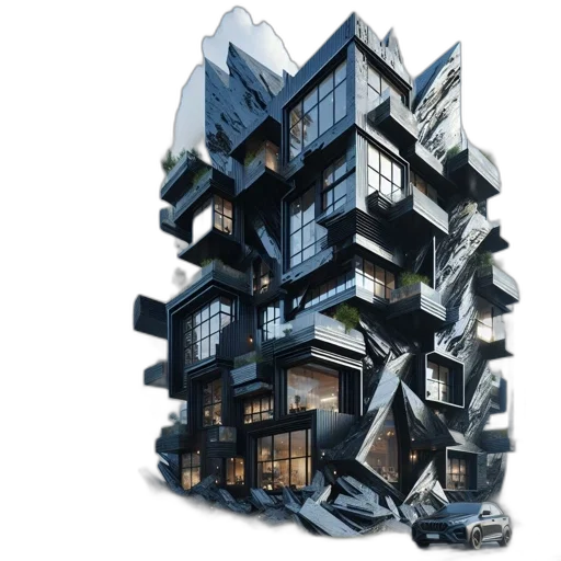 building, 3d render, concept art, photorealistic, cyberpunk, unconventional, multi-story, geometric transparent PNG cut-out