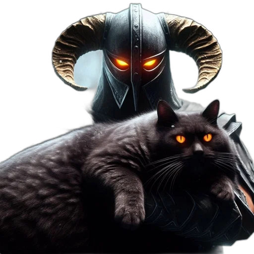 concept art, fantasy art, dark, horned, figure, holding, black, cat transparent PNG cut-out