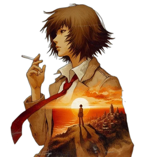 staff, jacket, concept art, anime, fantasy art, pixel art, fog, female transparent PNG cut-out