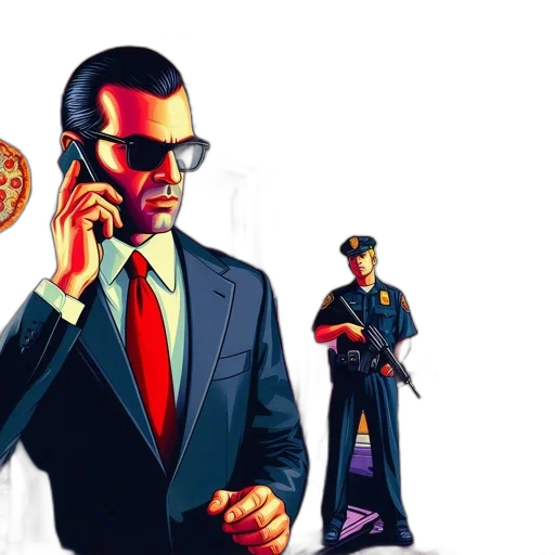 concept art, comic book art, cartoon, cyberpunk, urban, scene, features, suited transparent PNG cut-out