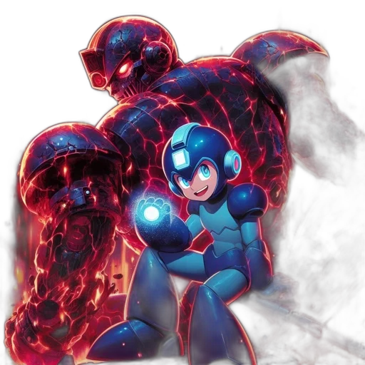 robot, concept art, comic book art, 3d render, pixel art, fire, blue, mega transparent PNG cut-out