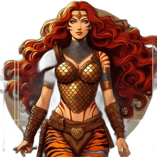 fantasy art, comic book art, concept art, pixel art, golden, red, woman, elaborate transparent PNG cut-out