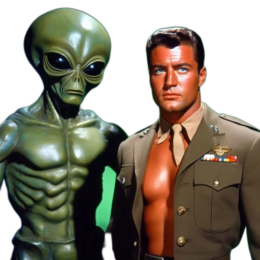 outer space, man, military, uniform, stands, beside, alien, figure transparent PNG cut-out