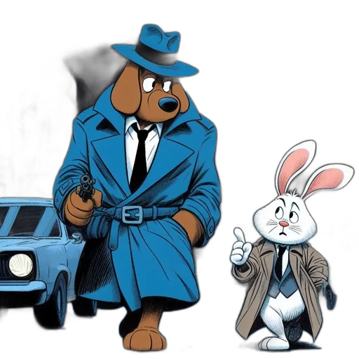 cartoon, concept art, comic book art, urban, night, setting, detective-like, dog transparent PNG cut-out