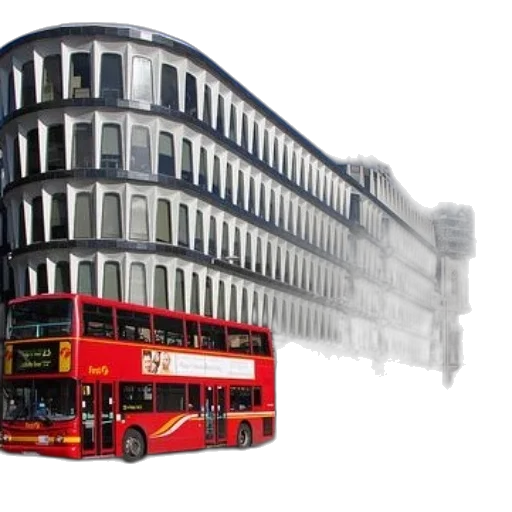 building, 3d render, photorealistic, concept art, city street, fog, red, double-decker transparent PNG cut-out
