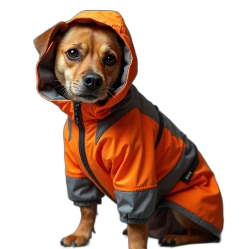 jacket, animal, umbrella, staff, photorealistic, dog, wearing, orange transparent PNG cut-out