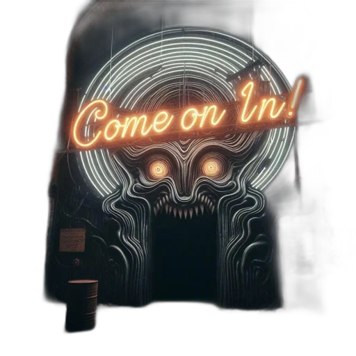 jacket, concept art, cyberpunk, entrance, haunted, attraction, features, neon transparent PNG cut-out