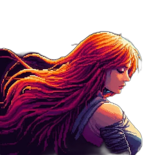 hair, pixel art, comic book art, fantasy art, concept art, dark, red, colorful transparent PNG cut-out