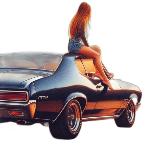 car, photorealistic, concept art, 3d render, comic book art, woman, perches, atop transparent PNG cut-out