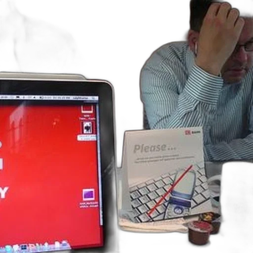 fire, two, men, sit, table, laptop, displaying, red transparent PNG cut-out