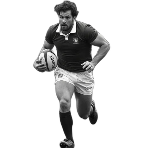 black, white, photograph, rugby, player, action, holding, ball transparent PNG cut-out