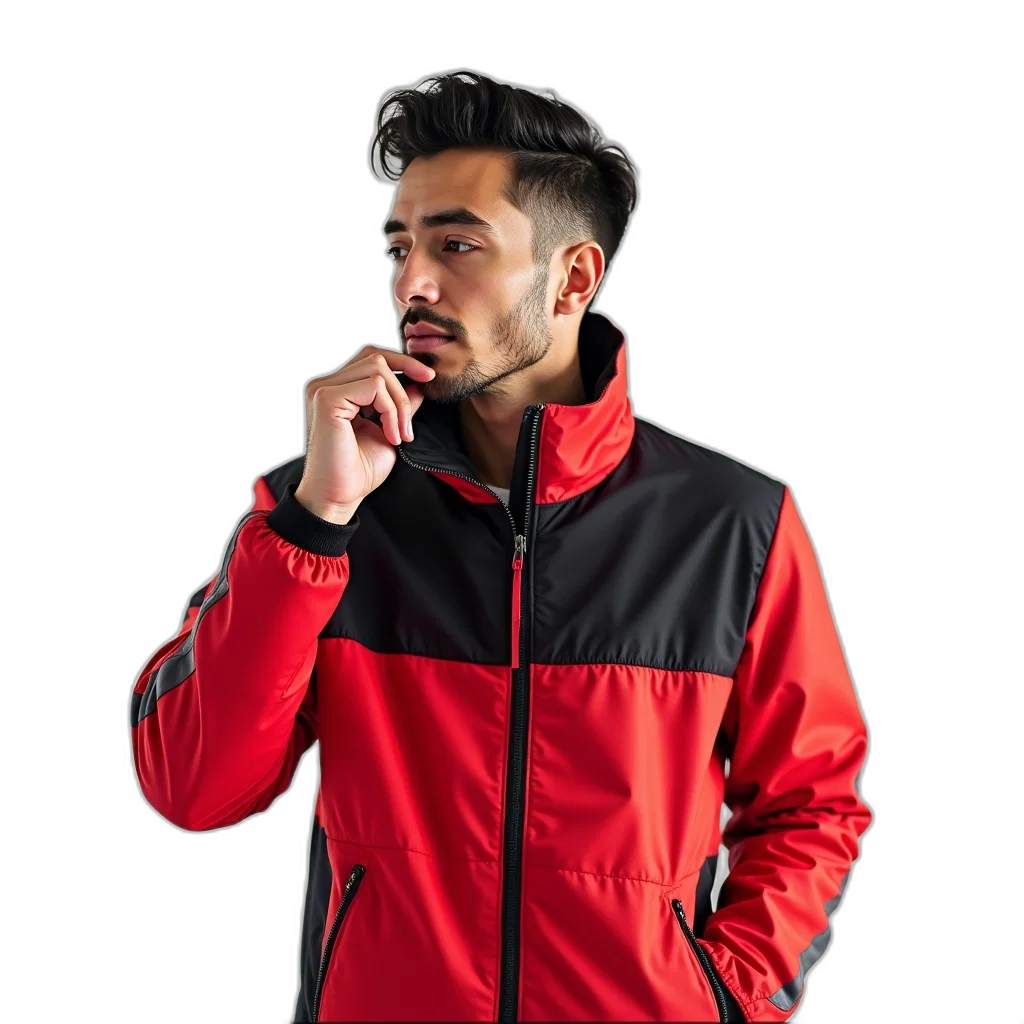 jacket, staff, red, man, wearing, black, zipper, standing transparent PNG cut-out