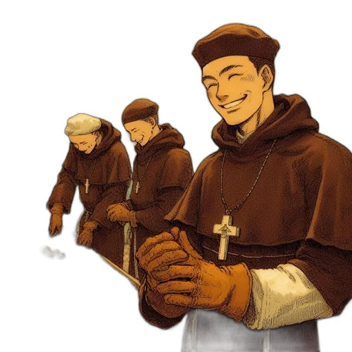 staff, concept art, comic book art, watercolor, photorealistic, earth tones, three, monks transparent PNG cut-out