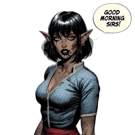 comic book art, concept art, female, character, dark, hair, pointed, ears transparent PNG cut-out