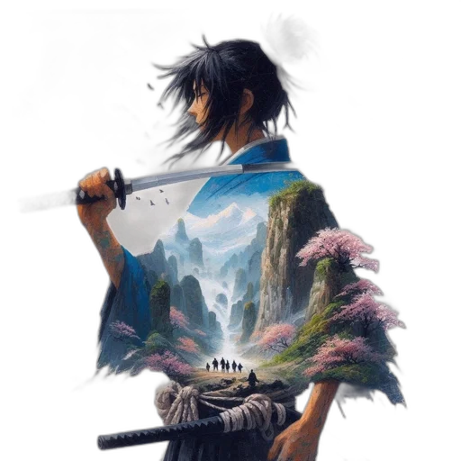sword, staff, weapon, jacket, concept art, fantasy art, pixel art, anime transparent PNG cut-out