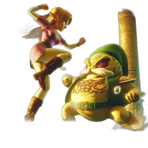weapon, concept art, 3d render, golden, green, two, characters, one transparent PNG cut-out