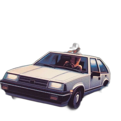 car, robot, weapon, hat, vaporwave, concept art, vintage, drives transparent PNG cut-out