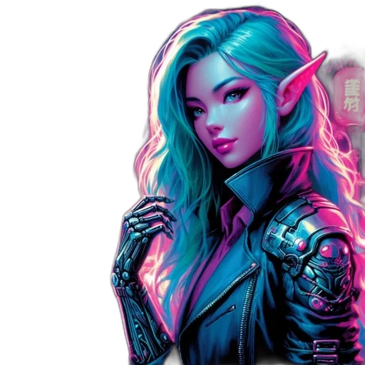 fantasy art, comic book art, concept art, cyberpunk, neon lights, blue, pastel, dark transparent PNG cut-out