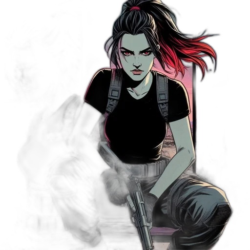 comic book art, concept art, fantasy art, cyberpunk, fire, dark, red, green transparent PNG cut-out