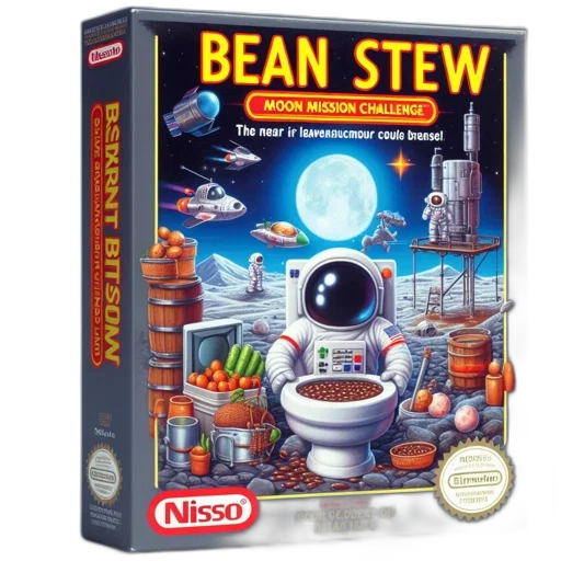 robot, concept art, outer space, satirical, nes, game, box, features transparent PNG cut-out