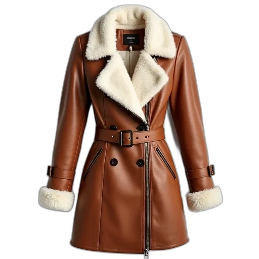 jacket, earth tones, brown, leather, coat, white, fur, collar transparent PNG cut-out