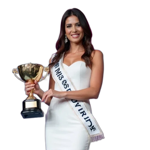 crown, woman, white, dress, sash, holding, trophy, standing transparent PNG cut-out