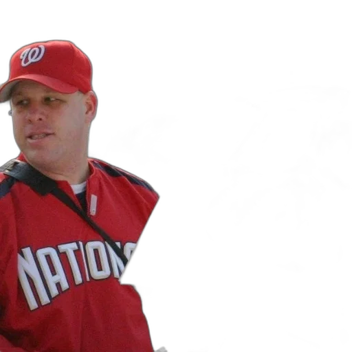staff, jacket, man, red, word, nationals, holds, sign transparent PNG cut-out