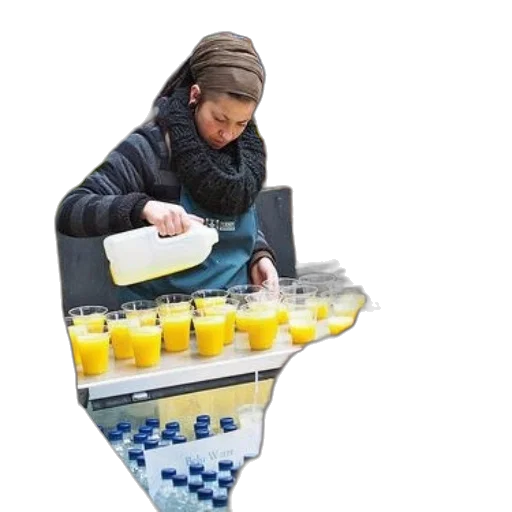 food, jacket, photorealistic, woman, pours, orange, juice, into transparent PNG cut-out