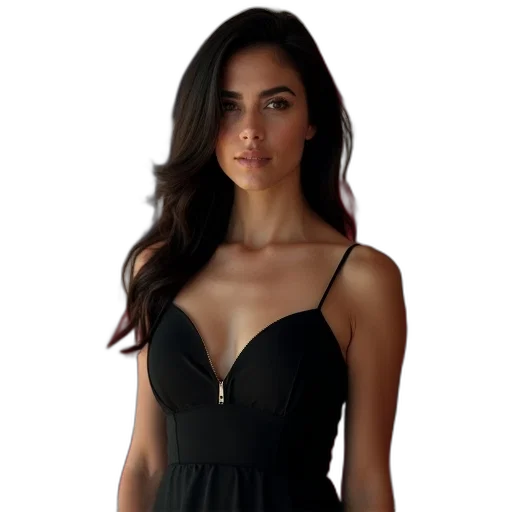 dress, jewelry, dark, woman, hair, black, standing, front transparent PNG cut-out