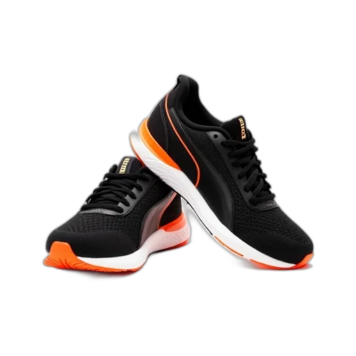 shoes, pair, black, orange, running, white, sole, displayed transparent PNG cut-out