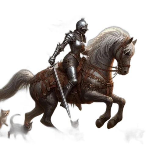 sword, fantasy art, concept art, photorealistic, 3d render, knight, galloping, horse transparent PNG cut-out