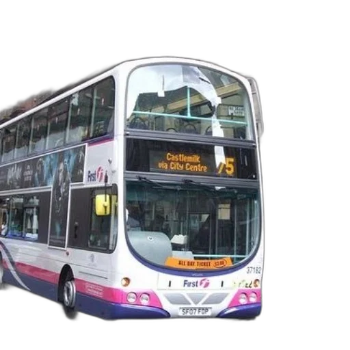 photorealistic, 3d render, city street, double-decker, bus, first, traveling, down transparent PNG cut-out