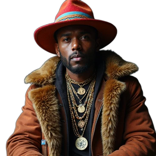 jacket, hat, jewelry, man, colorful, fur-lined, coat, adorned transparent PNG cut-out