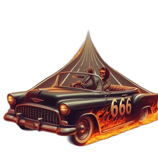 car, crown, concept art, 3d render, fire, fiery, desolate, road transparent PNG cut-out