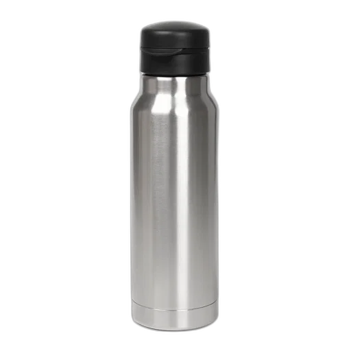 bottle, 3d render, silver, thermos, black, lid, displayed, against transparent PNG cut-out
