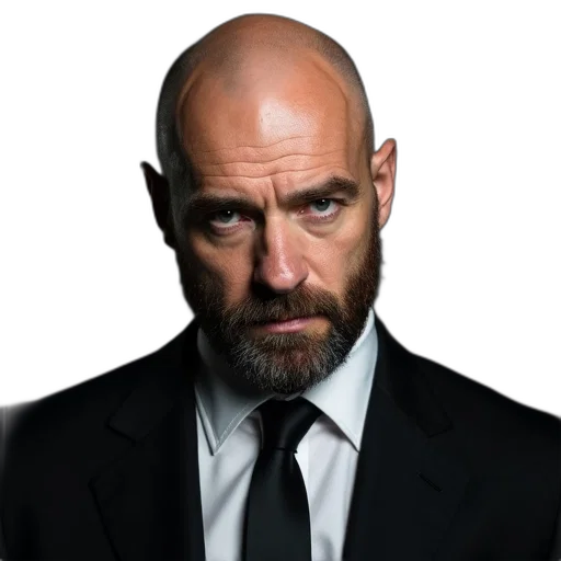 face, jacket, staff, animal, photorealistic, man, bald, head transparent PNG cut-out
