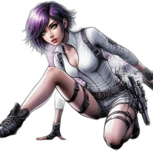 weapon, cyberpunk, comic book art, concept art, fantasy art, monochrome, female, animated transparent PNG cut-out