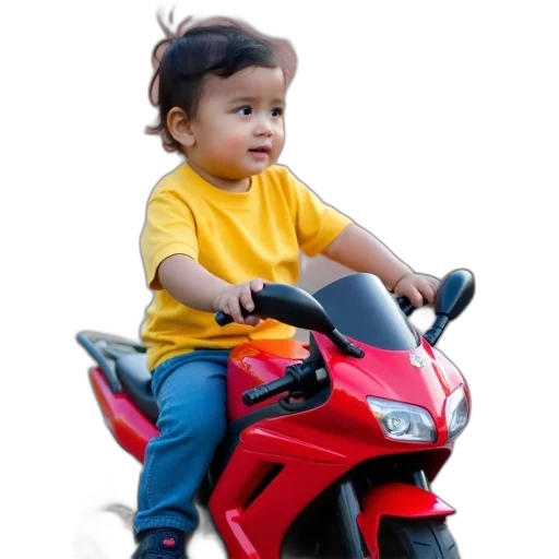 photorealistic, 3d render, young, child, sitting, toy, motorcycle, holding transparent PNG cut-out